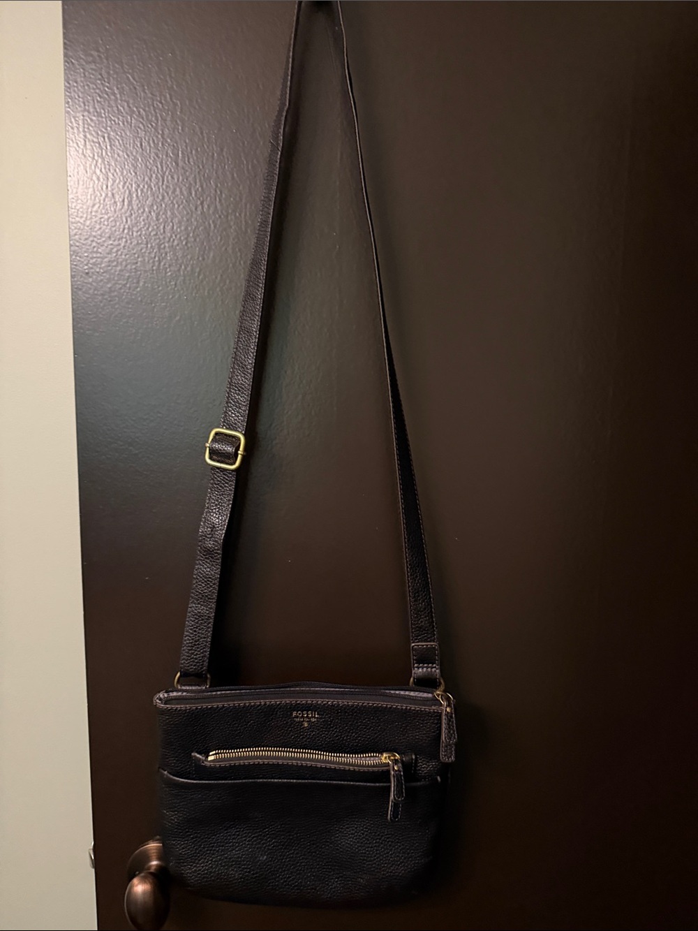 Fossil Black Pebbled Leather Crossbody with Gold Hardware